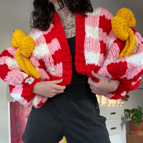 Handmade Gingham Oversized Cardigan, Crop Colossal Knit with Ribbon Details - Picture 9 of 14